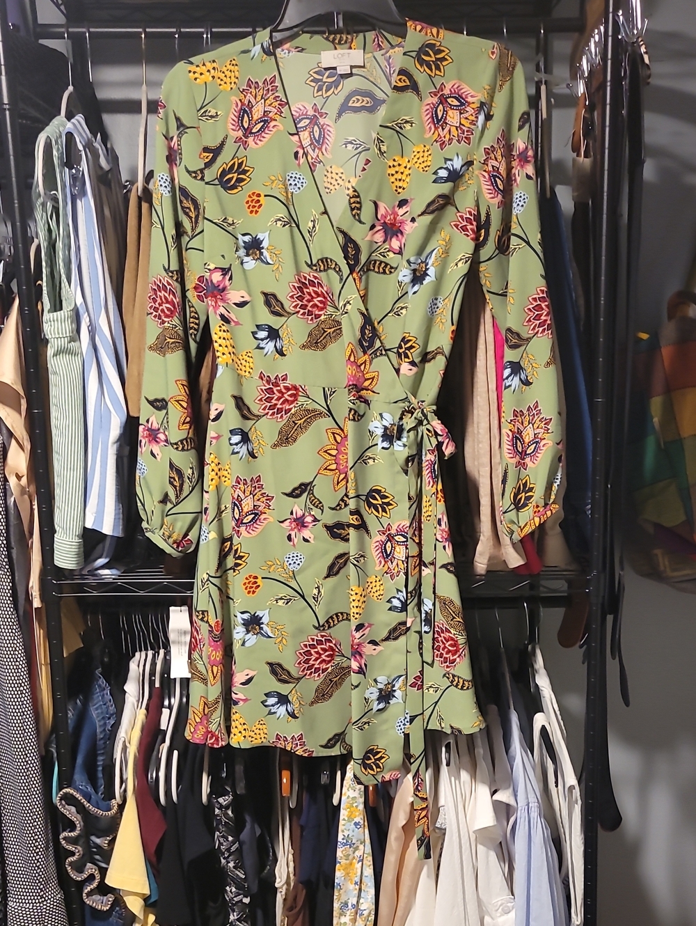 LOFT Olive Green Floral Wrap Mini Dress with Multicolor Blooms